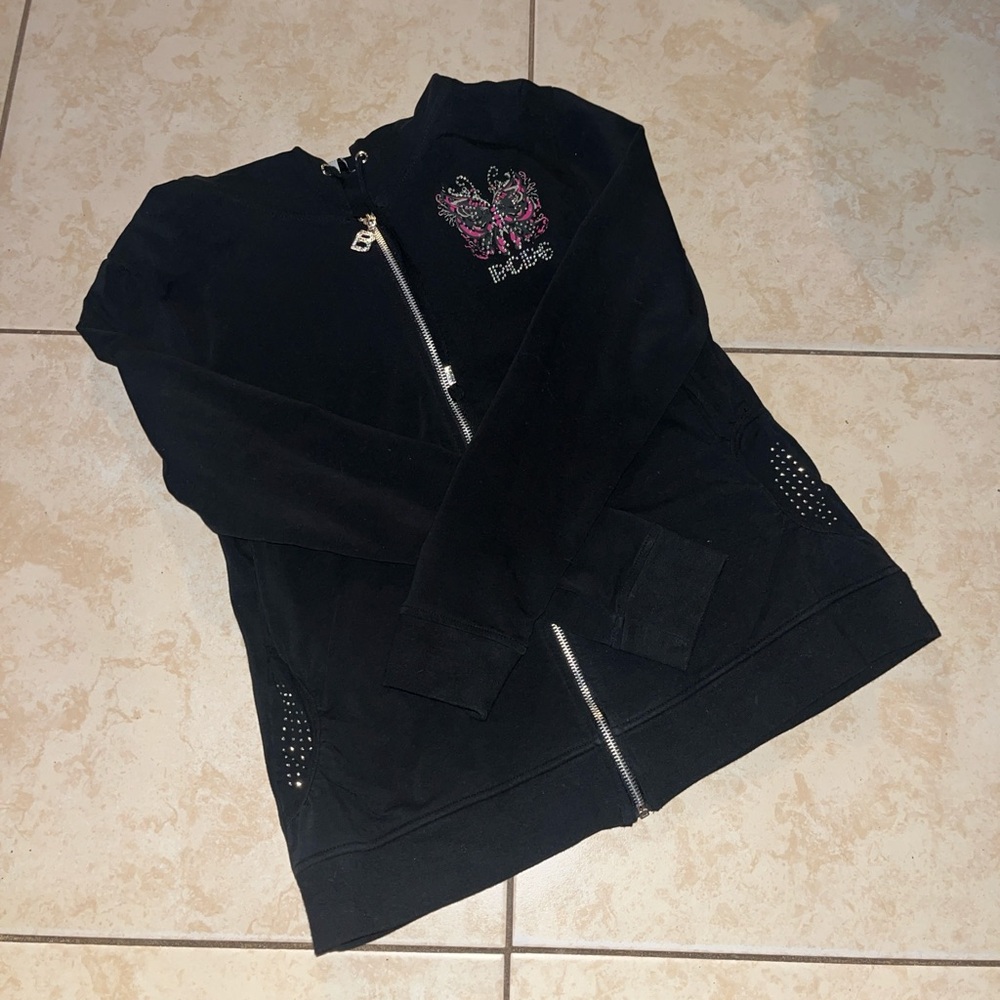 BCBGMaxAzria Black Bomber Jacket with Pink Butterfly